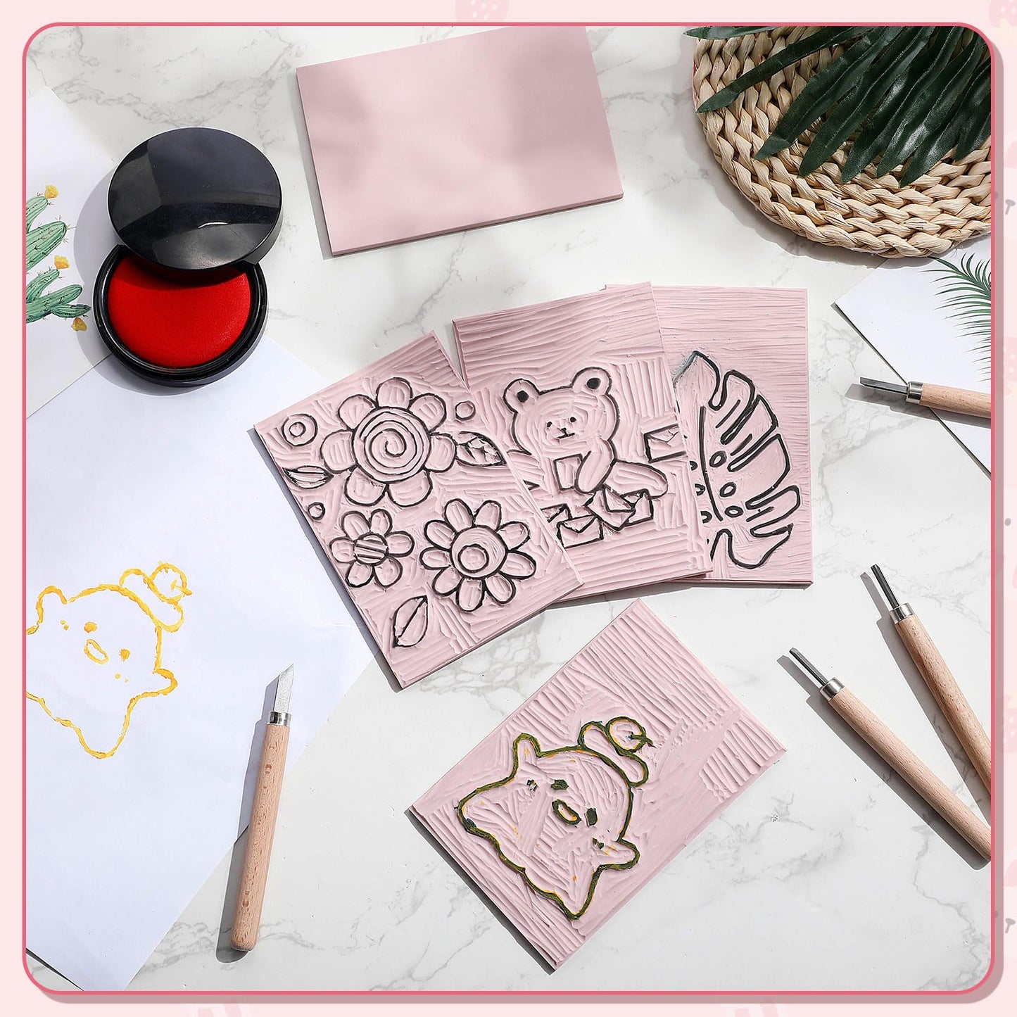 Frienda 30 Pack 4"x6" Rubber Carving Blocks Rubber Stamp Carving Linoleum Blocks for Printmaking, Printing, DIY Craft Project Soft Stamp for Beginners and Professional(Pink)