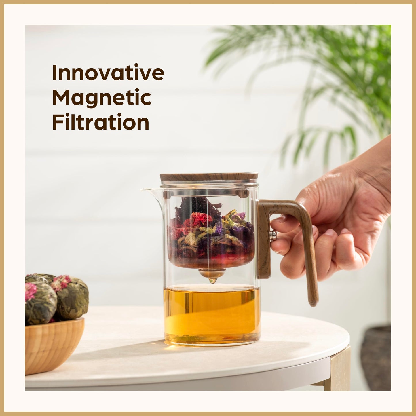 WOLTBLOOM Enchanti Glass Teapot with Infuser - Magic Tea Pot for Loose Leaf Tea - Borosilicate Glass Tea Maker with Heat-Resistant Handle - Gift Box & Writable Card - 800ML (27oz)