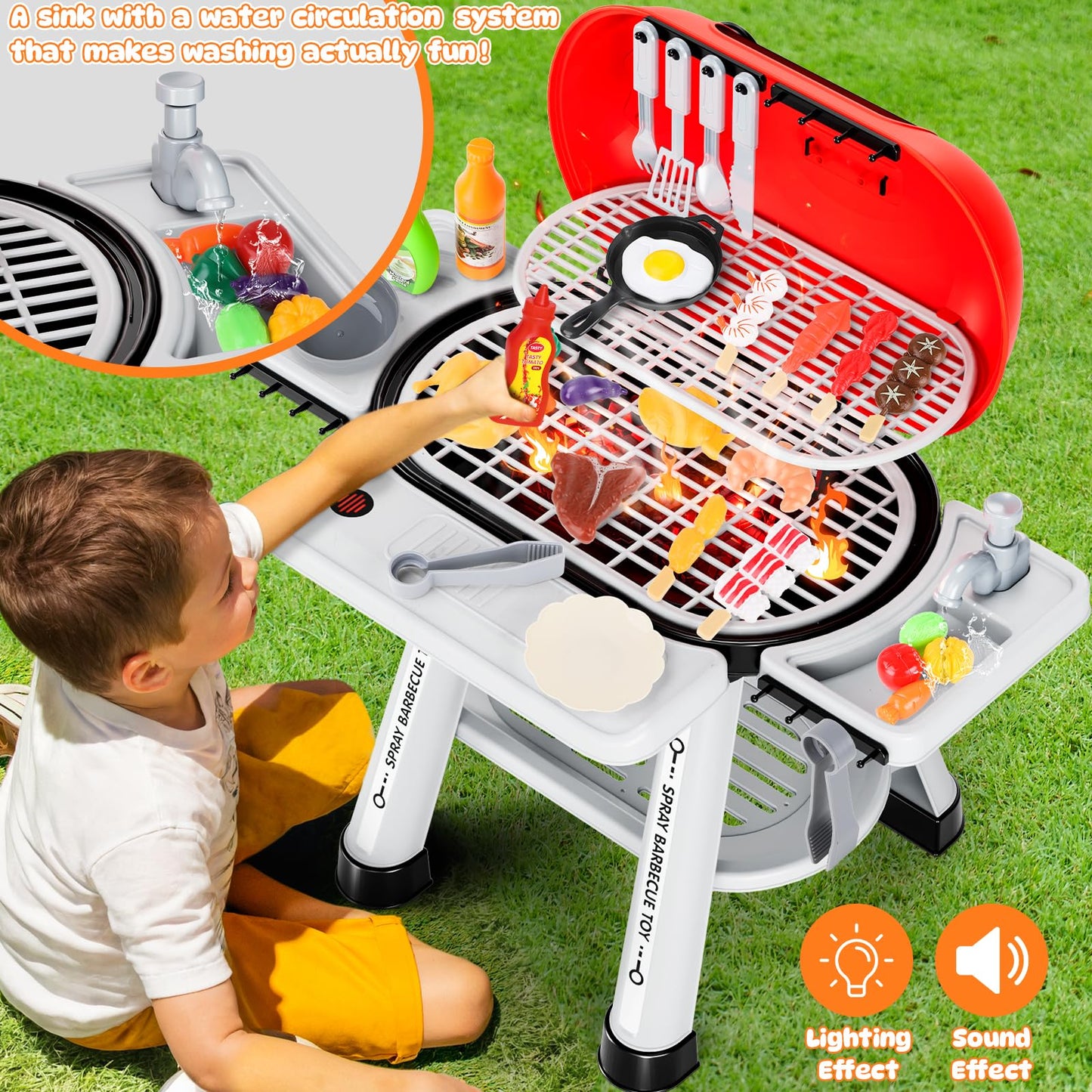 68 PCS Kids Kitchen Playset for Toddlers 3-5,Cooking BBQ Grill Set Toys with Realistic Smoke, Sound & Light,with Kitchen Sink,Little Chef Pretend Play,Outdoor Camping Birthday Gifts for Boys Girls