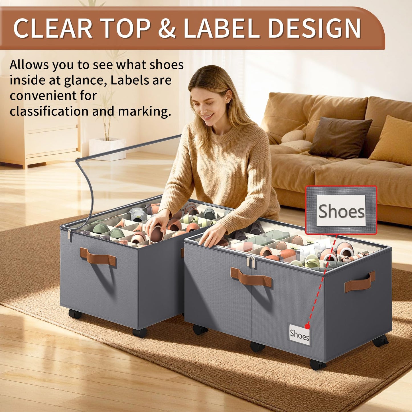 Foyego Shoe Organizer for Closet, Shoe Storage Organizer with Wheels and Adjustable Dividers, Stackable Shoe Storage Box with Clear Cover, Foldable Closet Shoe Organizer Fits up to 24-48 Pairs, Gray