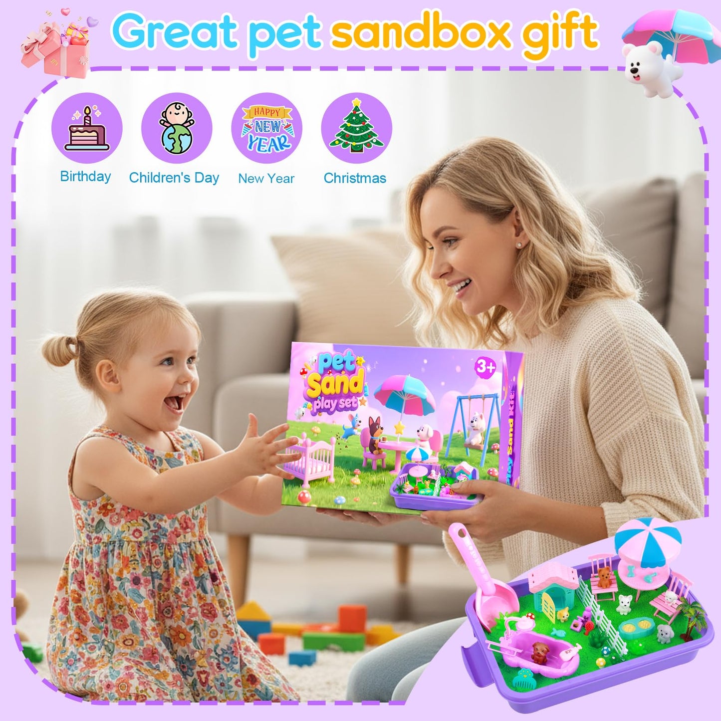 Mikiwon Pet Sensory Bin, Dog Sandbox Play Sand Art Kit with 1.1lbs Sand, Pet Care Sand Set, Sensory Play for Girls Boys Age 3+, Role Pretend Play Beach Toy for Kids Xmas Birthday Gifts