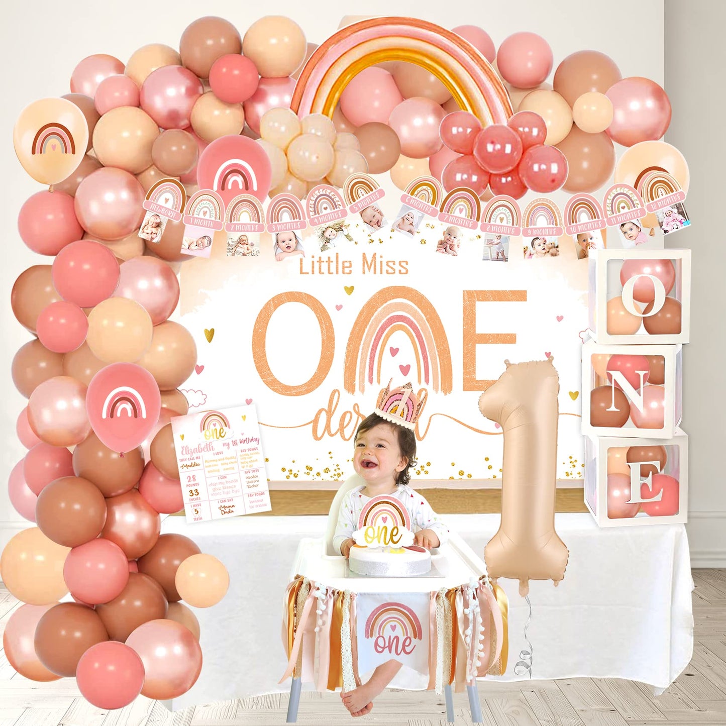 YJDFWAUT Boho Rainbow 1st Birthday Decorations, Bohemian First Decorations, Bohemian Rainbow Baby Monthly Milestone Photo Banner Highchair Banner, Neutral Rainbow Cake Topper Bohemian Crown Hat for Baby Girls First Birthday