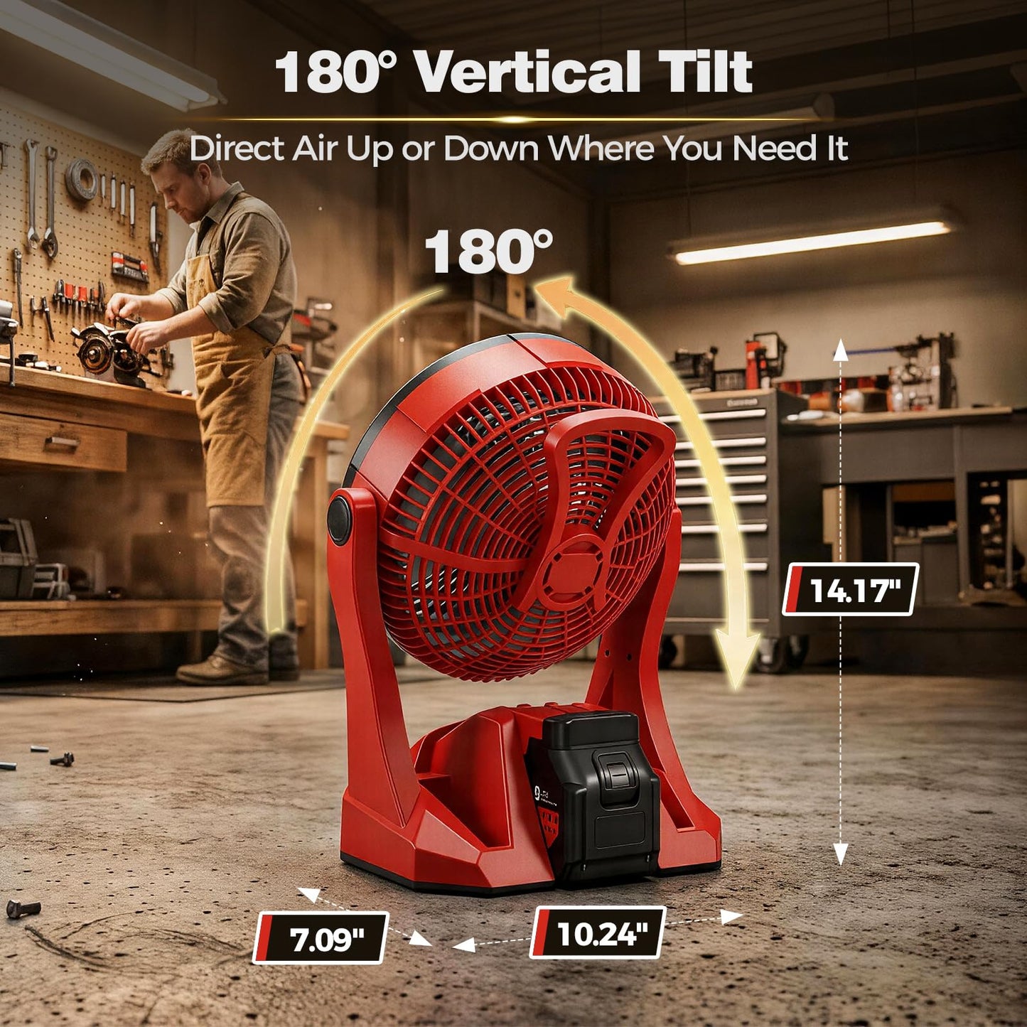 Fan for Milwaukee M18 Battery, Portable Jobsite Camping Fan with Infinite Speed Control, 3-Level Ring Light, USB-C and USB Charging, Hook, Handle, 180° Tilt for Outdoor Use, Battery Not Included