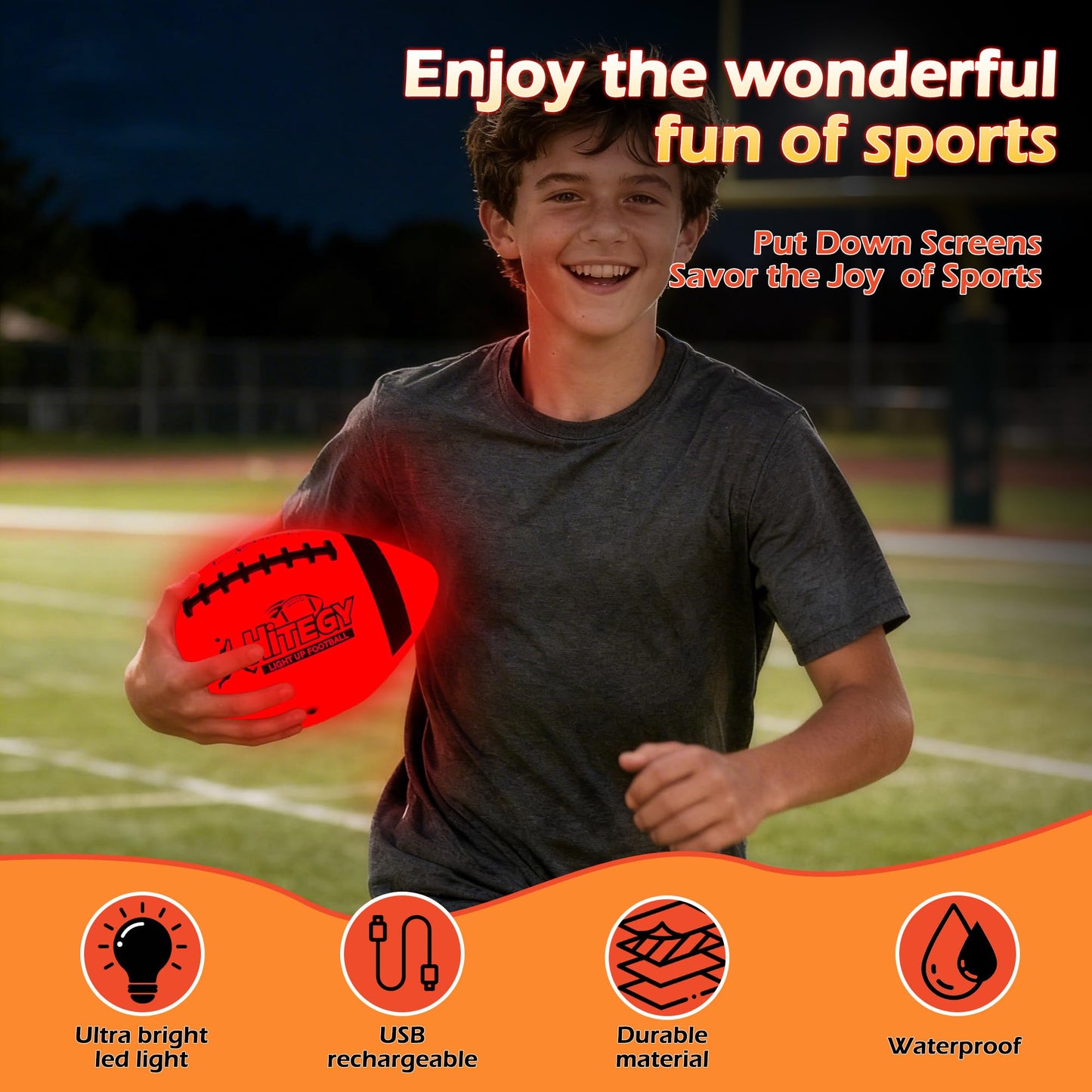 HITEGY Rechargeable Glow in The Dark Football - USB Charging, Official Size 6, Light Up with Every Catch and Throw, Includes Pump, Ball Bag & Charging Cable - Rechargeable Light Up Football - Orange