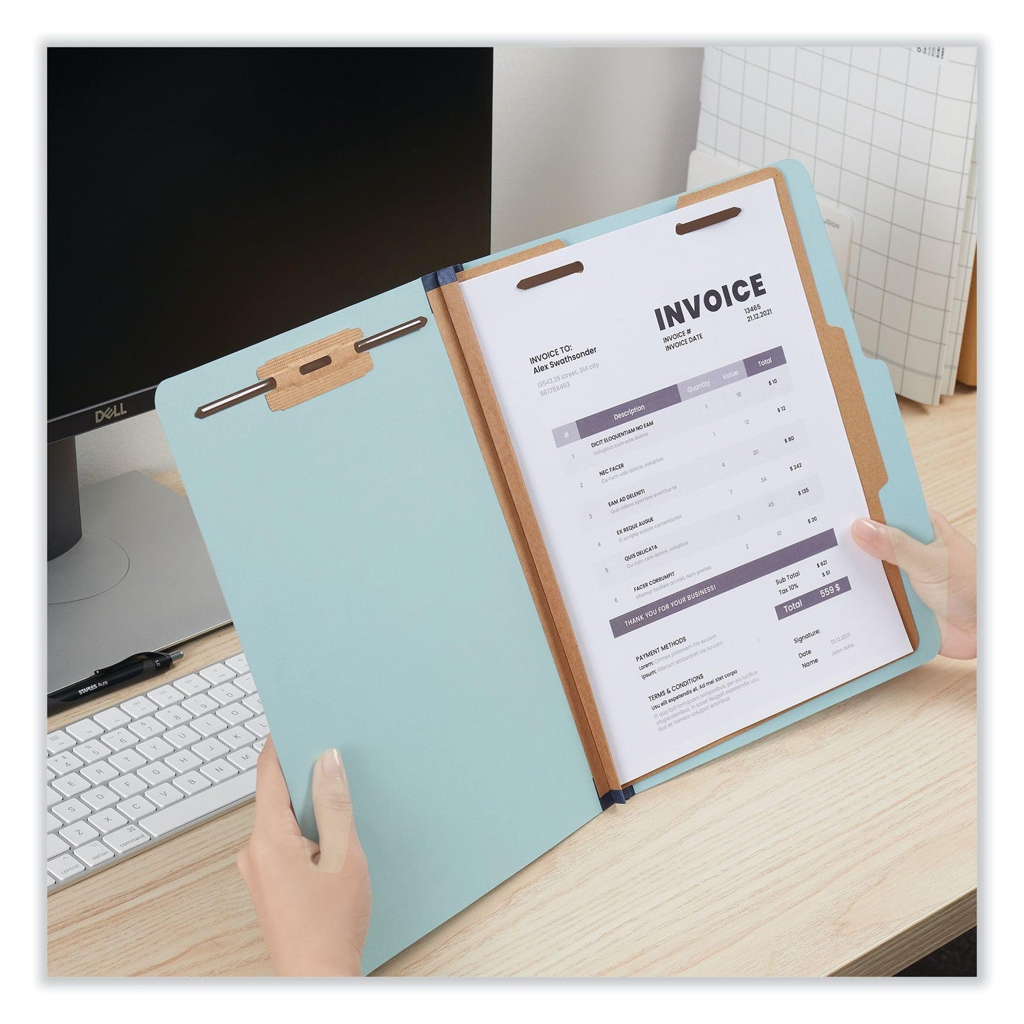 Universal Light Blue Top Tab Classification Fastener Folder, Letter Size, 2/5 Cut, 1 Divider, 4 Fasteners, Pack of 20