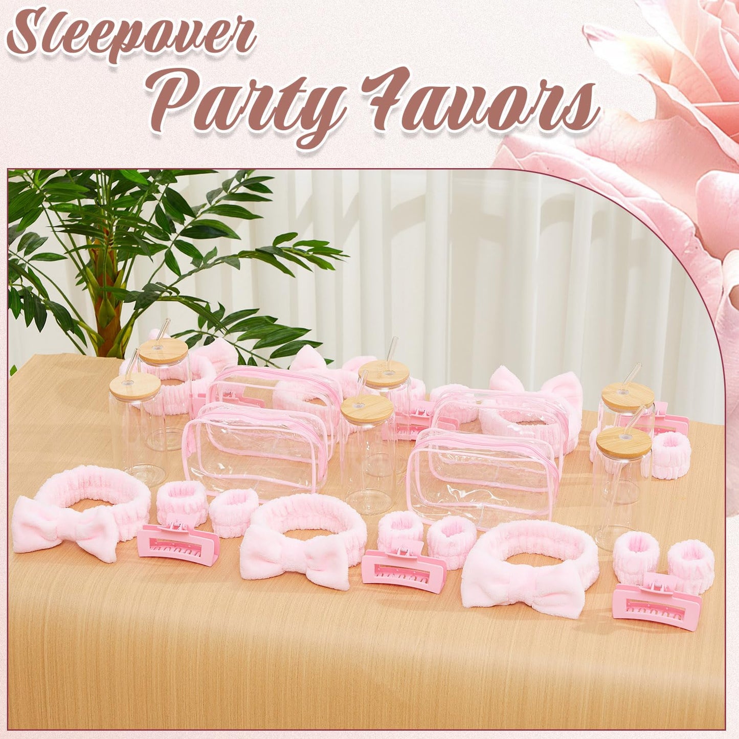 FoldTier 36 Pcs Spa Sleepover Party Favors Include 16oz Glass Cups With Bamboo Lids and Straws, Pink Headbands, Wristbands, Hair Claw Clips and Clear Cosmetic Bag for Girls Slumber Weekend Party Gifts