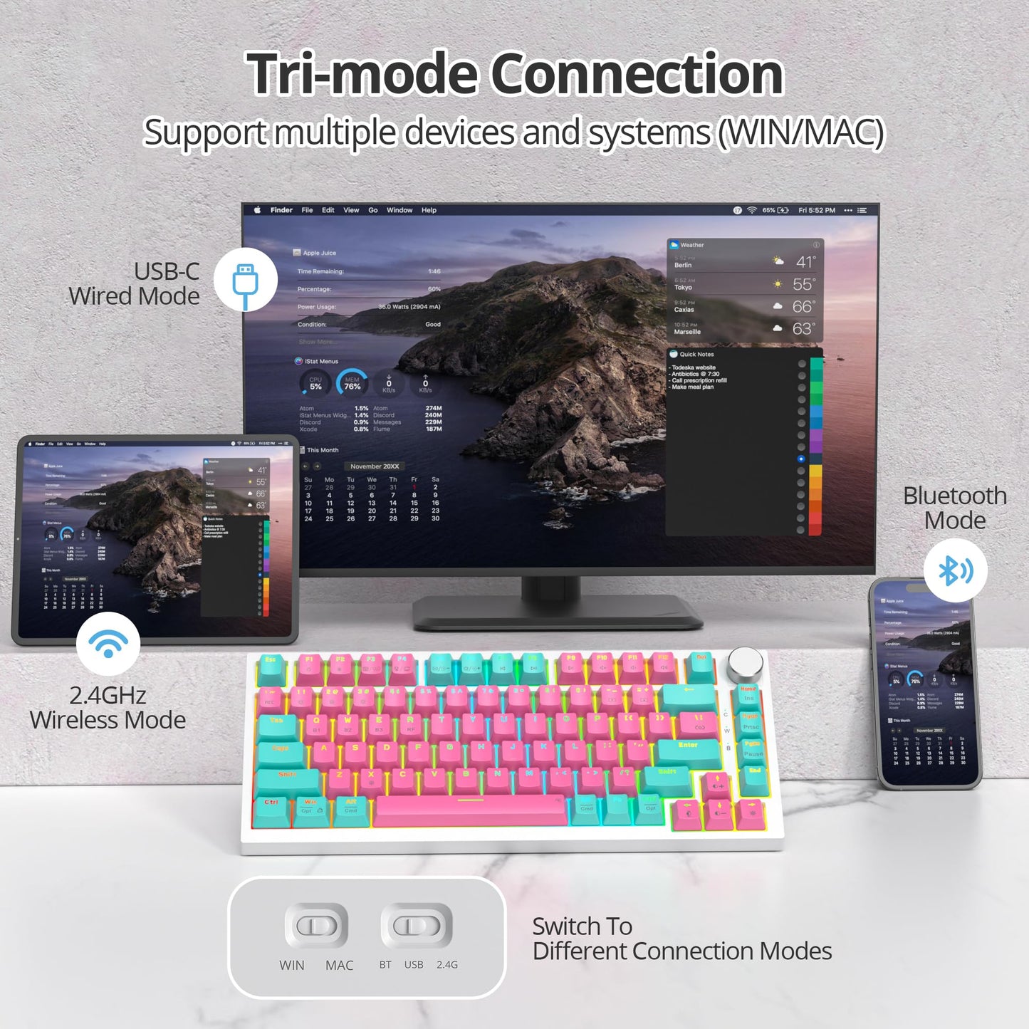 iRoboosta 400PRO 75% Wireless Creamy Mechanical Keyboard Pink, Gasket Hot Swappable RGB Gaming Keyboard, Bluetooth/2.4GHz/USB-C Cute Keyboard with Pre-lubed Cream Grey Switches (82 Pink Cyan) ﻿