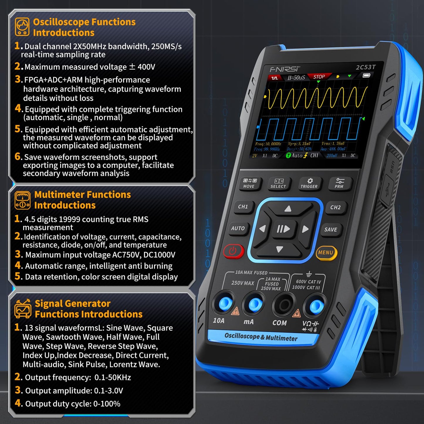2C53T 3-in-1 handheld oscilloscope multimeter DDS generator, 2 channel, 50MHz bandwidth, 250MSa/s sampling rate, 20,000 calculations, voltage, current, capacitance, resistance, 2* P6100 probes
