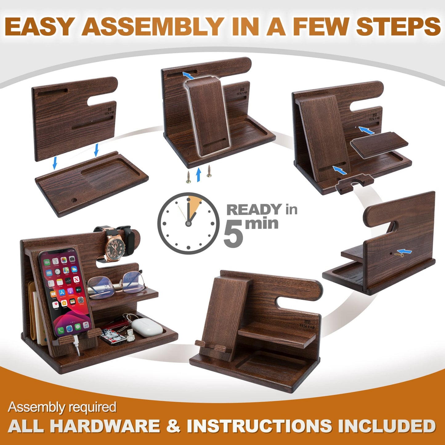 TESLYAR Wood Phone Docking Station - Nightstand Organizer - Desk Organizer for Husband - Birthday Gifts for Men, Dad - Idea for Anniversary from Wife - Key Holder - Stand Wallet & Watch (Deep Brown)