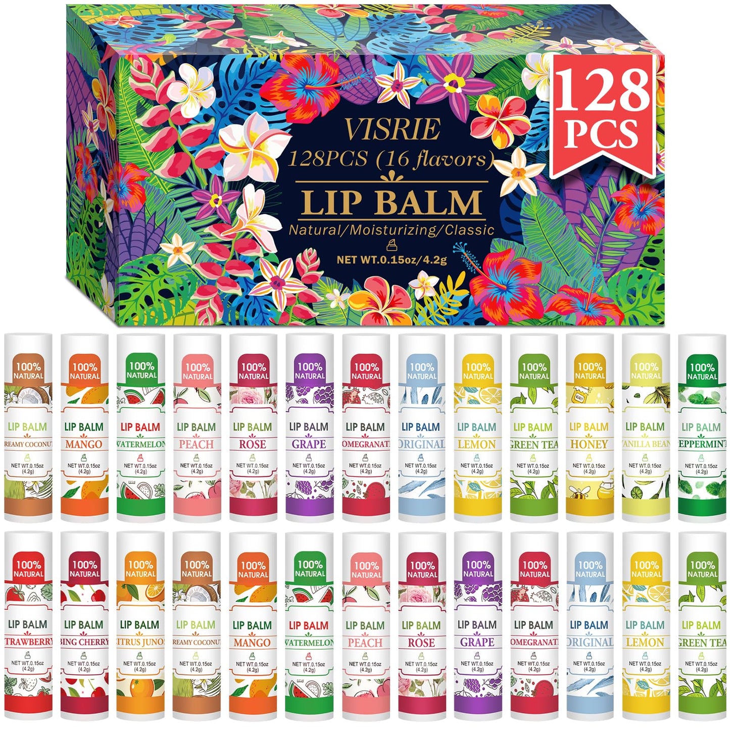 VISRIE 128 Pack Lip Balm, Natural Lip Balm Bulk with Vitamin E and Coconut Oil, Moisturizing Lip Balm for Dry Lips - 16 Flavors