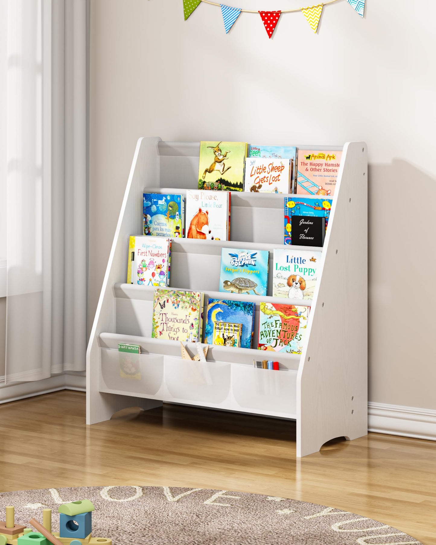 SEIRIONE Sturdy Kids Bookshelf,4-Tier Book Shelf for Kids Room with Tear-Proof Oxford Fabric-Nursery Room Playroom Classroom,Deep Slings to Keep Books Upright,Ideal Height for Toddler Age 3+, White