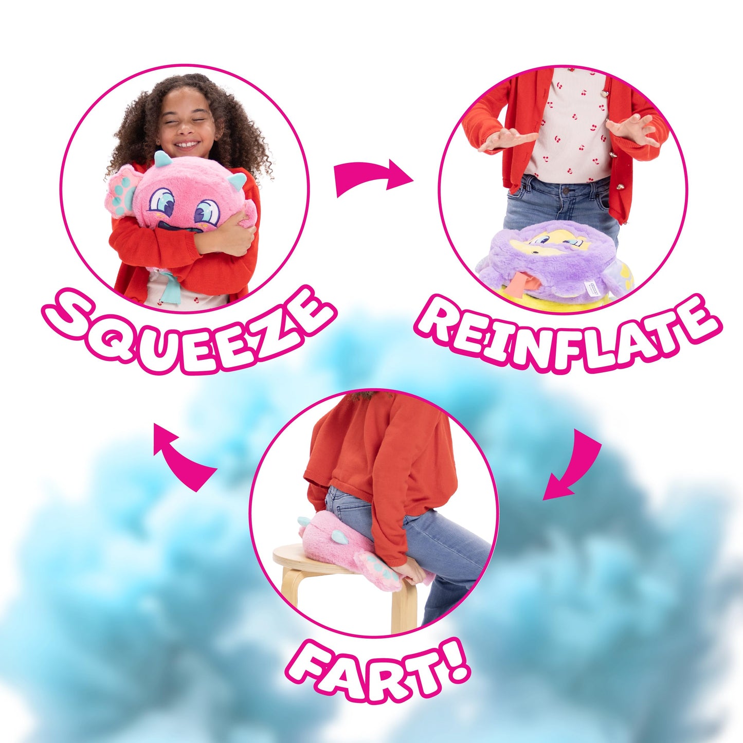 Fart Monsters Tootles 16″ Scented Plush with Self-Inflating Whoopee Cushion – Raspberry Candy Scent – Funny Collectible Toy Gift for Kids & Adults