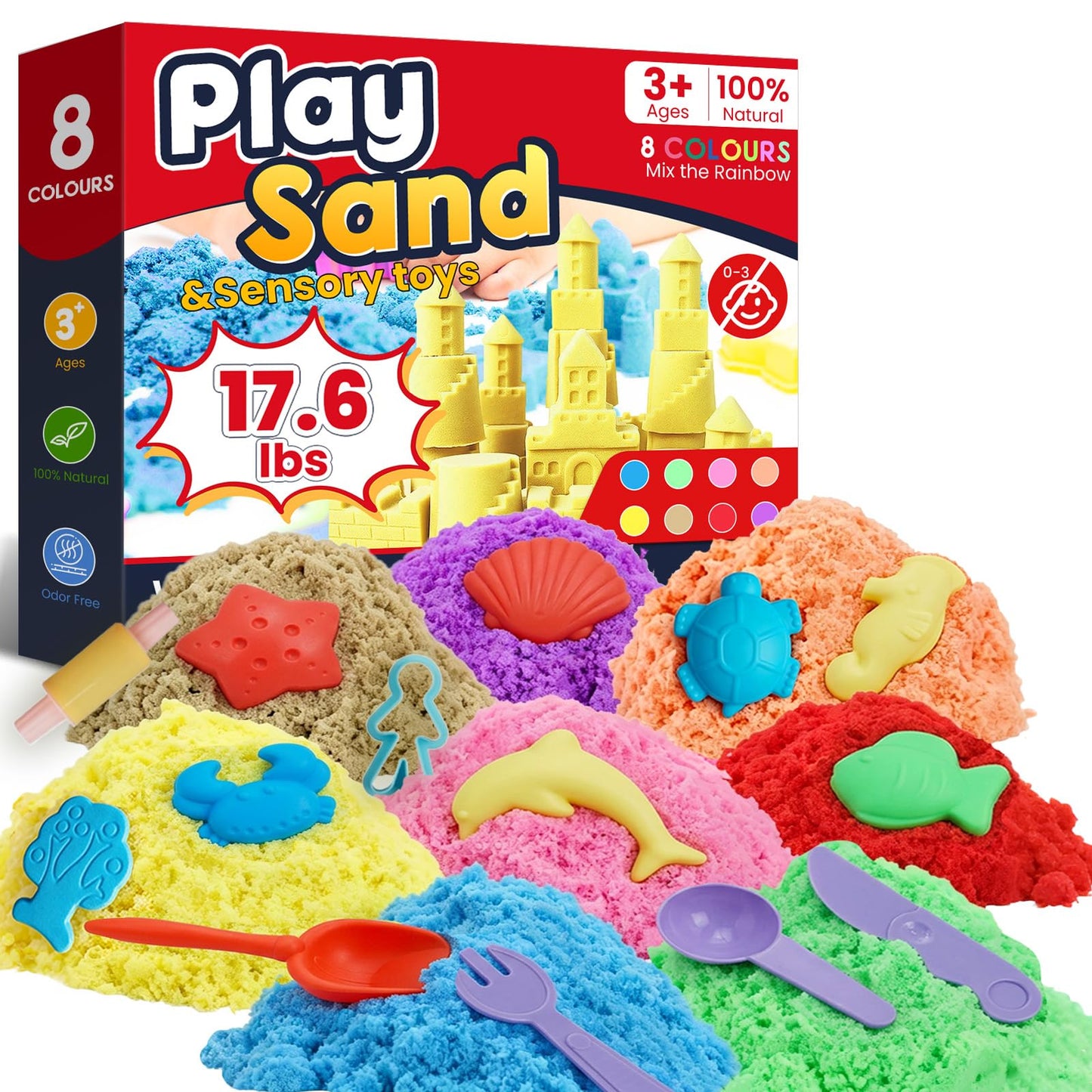 FURWEY 17.6lbs Play Sand, Mixed Packaging of 8-Color Sensory Sand with 22 Molds, Suitable for Children to Shaping, Squeezing and Sculpting