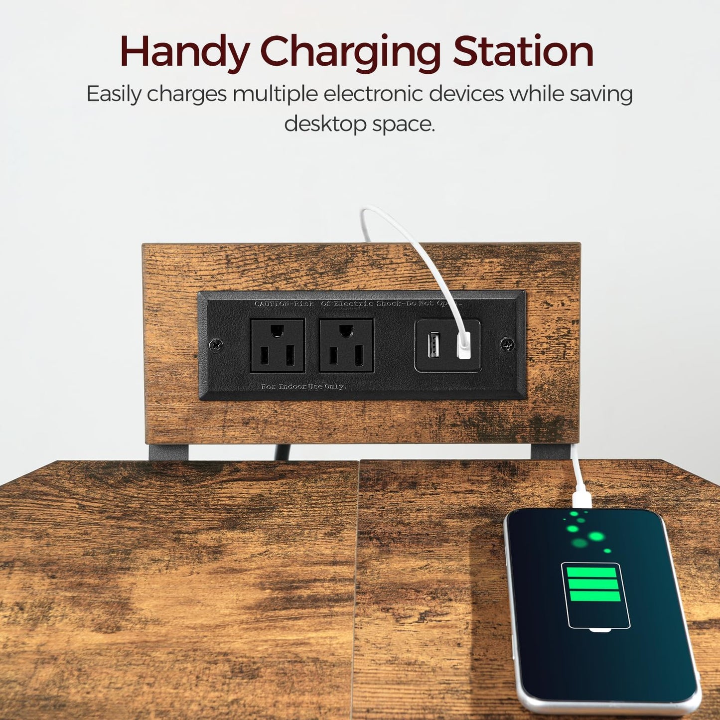 MAHANCRIS Corner Printer Stand with Charging Station, 3-Tier Large Printer Table with Adjustable Feet, Metal Frame Storage Shelf for Office, Living Room, Small Space, Rustic Brown PTHR14E01