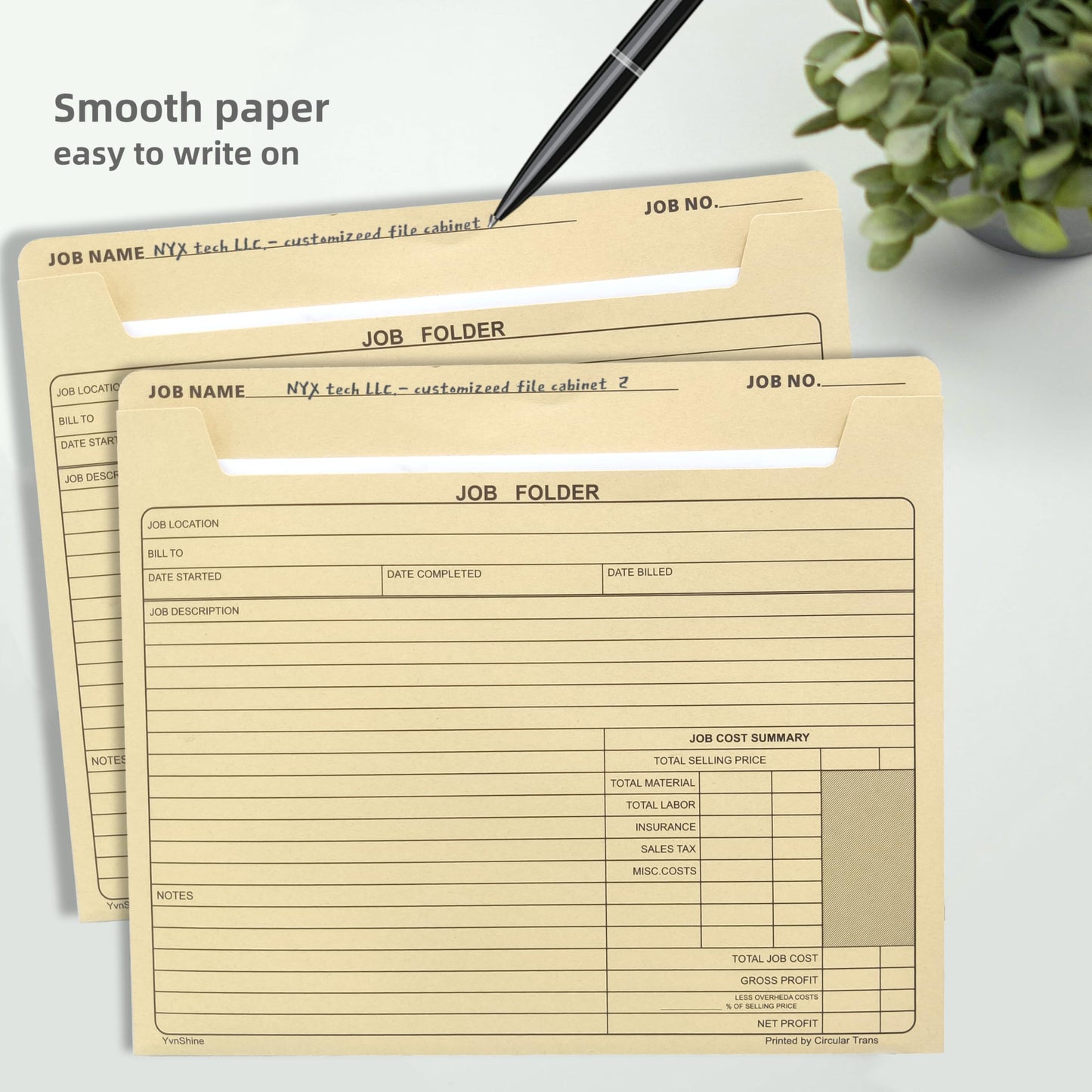 YvnShine 50 Pack Job Folder for Project Management, Heavy Duty Manila File Jacket 10x12 Inch, Preprinted Cost Tracking & Invoice Organization, Construction Project Management Files ﻿