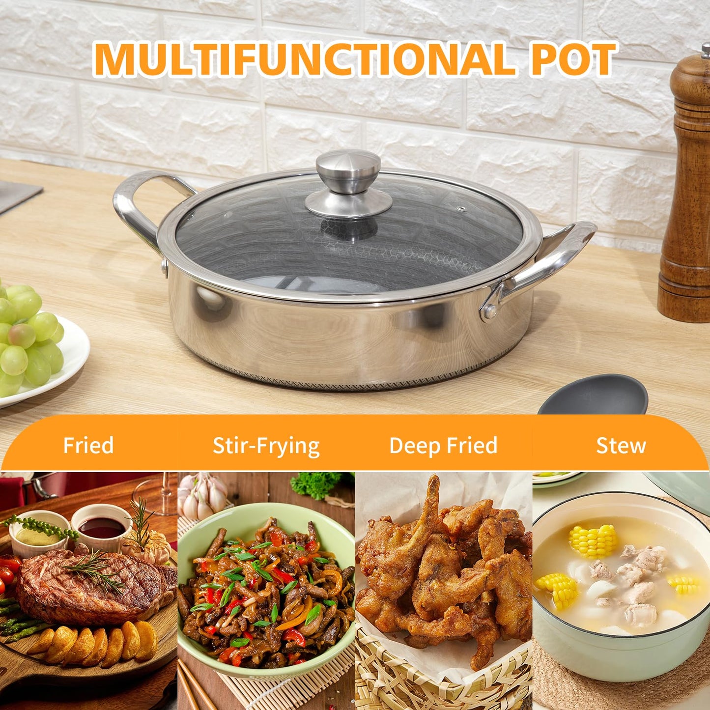 Toutrop Stainless Steel 7QT Saute Pan 14 Inch Deep Frying Pan with Lid Nonstick,Hybird Induction Cooking Pan,PFOA Free Cookware,Large Skillets