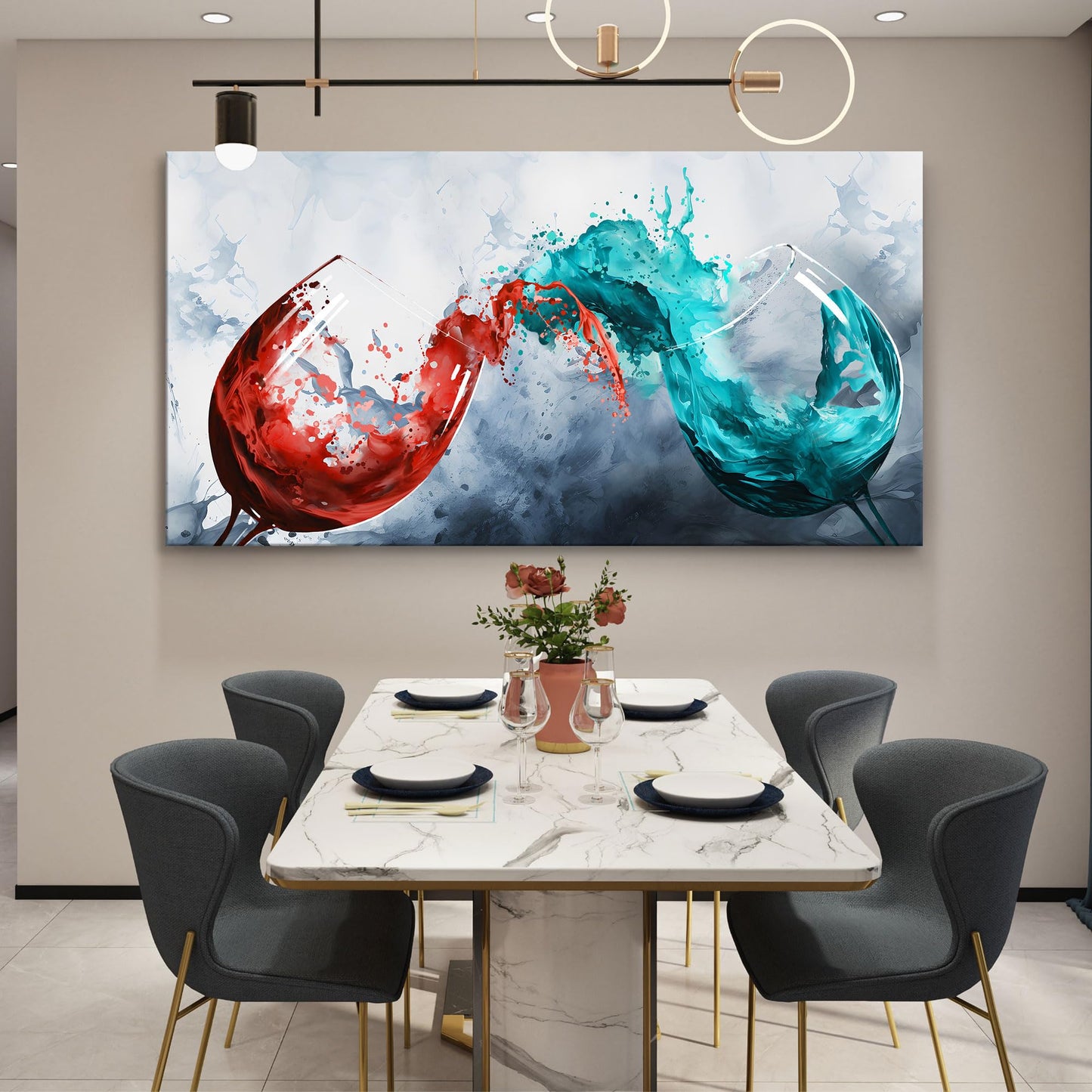 Pogusmavi Dining Room Wall Art Wine Glass Canvas Wall Pictures Kitchen Art Wall Decor Blue & Red Wine Cups Painting Modern Wall Art for Living Room Office Artwork Wall Decor 29x58IN