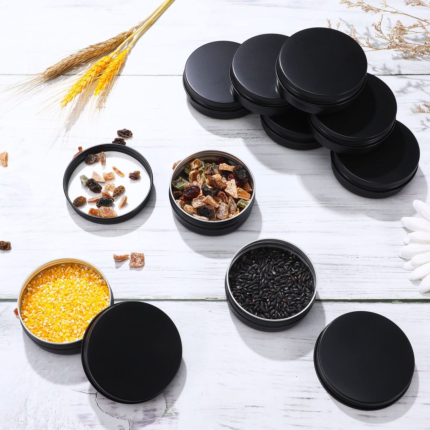 Patelai 64 Pieces Lip Balm Tin Containers Screw Top Round Tin Cans Aluminum Tin Jar with Screw Lid, Empty Bottle Travel Cosmetic Sample Tin Cans Container for DIY(Matte Black, 2 oz)