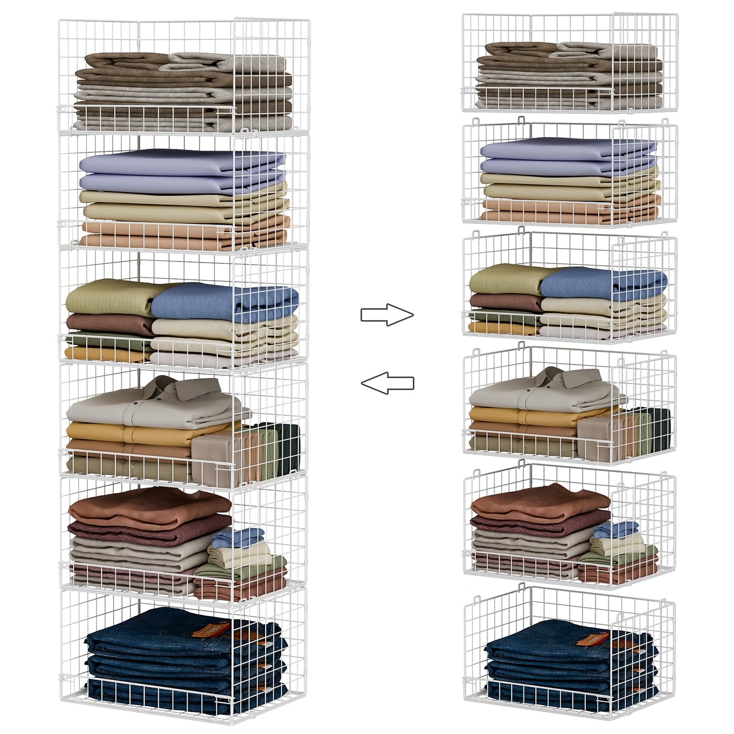 Yociyoga 6-Tier Stackable Closet Organizers and Storage Shelves, Closet Shelf Organizer Basket Bins, Foldable Sweater Storage for Closet Organizer System, White（Patent Pending）