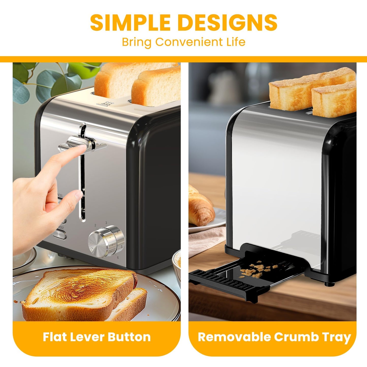 Simple Deluxe 2-Slice Toaster, Stainless Steel Toaster, 6 Browning Setting and 3 Function, Extra Wide Slot & Removable Crumb Tray, for Bread & Waffle, Black