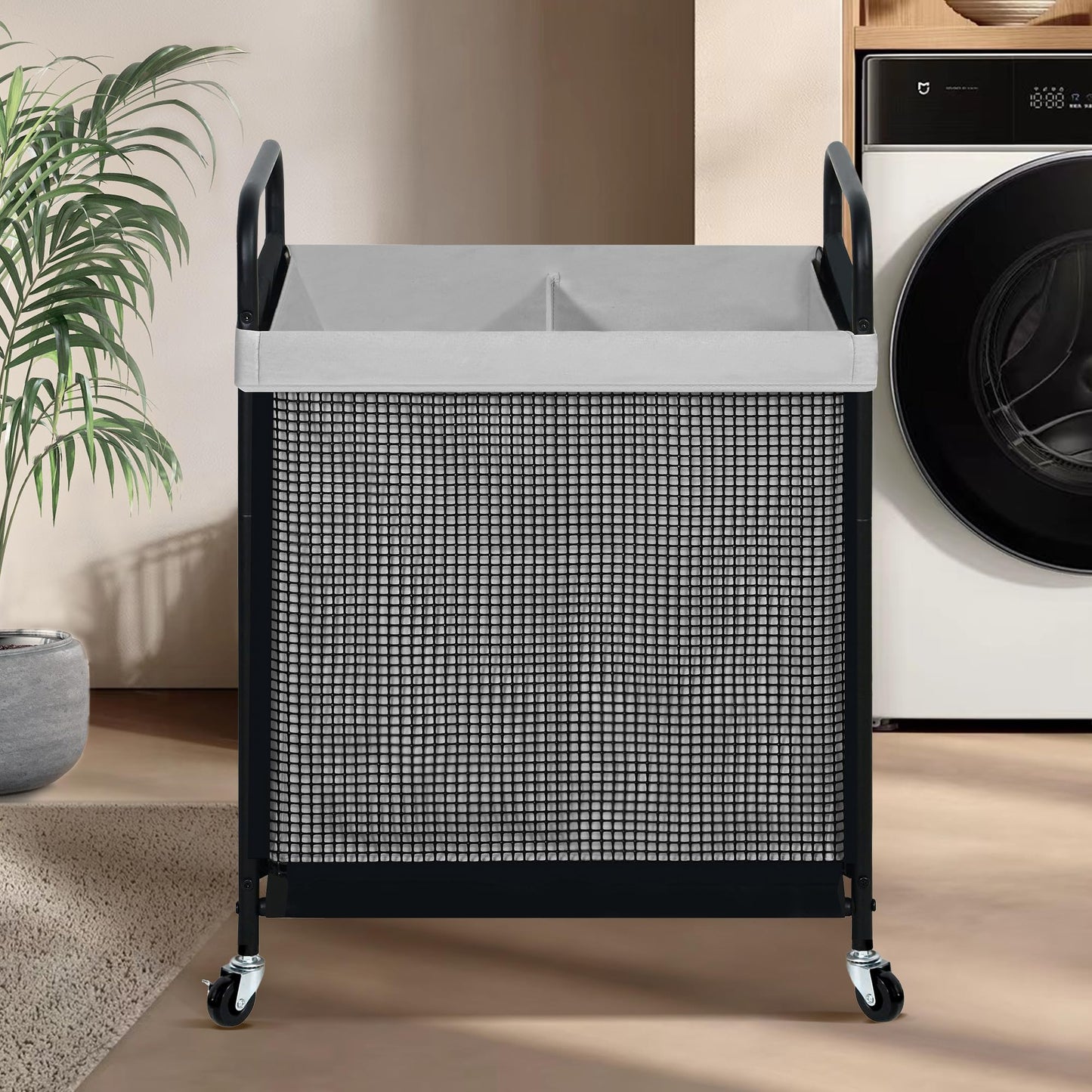 STO STO Laundry Hamper 2 Section, 100L Rolling Laundry Sorter Cart with Removable and Washable Liner Bag, Clothes Hamper with Wheels and Metal Handle for Laundry Room and Bedroom, Gray