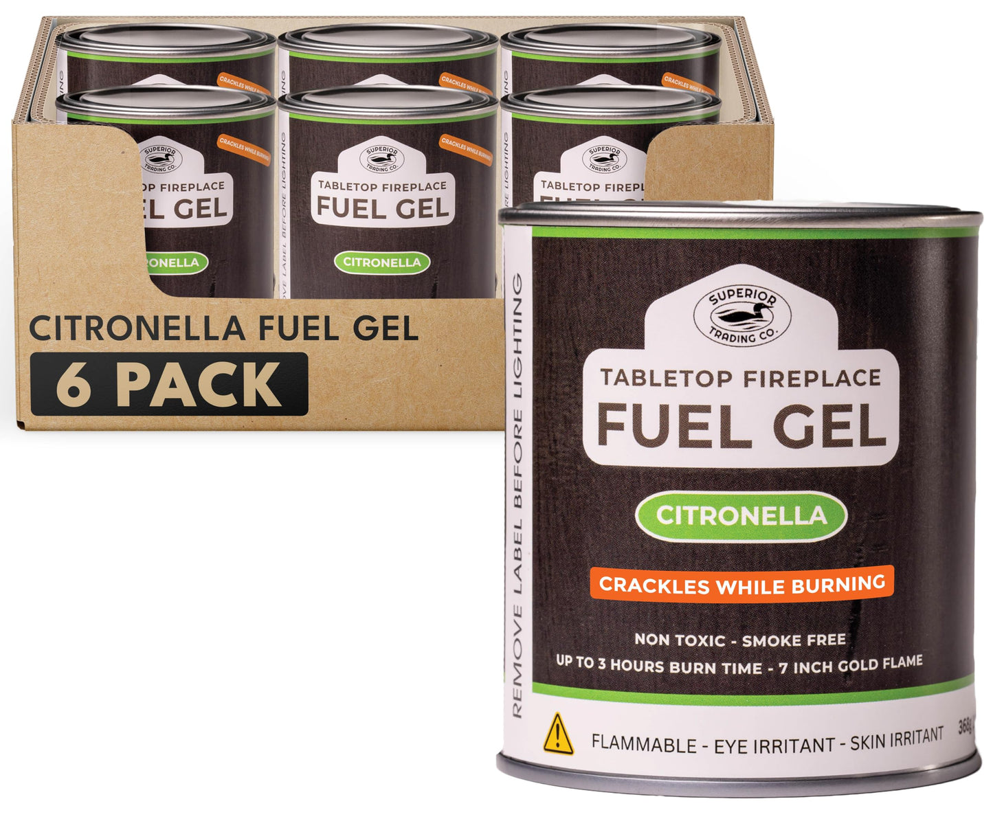 Superior Trading Co. Citronella Gel Fuel Cans, Clean-Burning Bioethanol, Smoke-Free, Fresh Scent 3-Hour Burn, Indoor & Outdoor Safe, 368g, 6 Pack