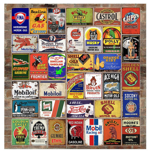 35 Pieces Reproduced Vintage Tin Signs, Gas Oil Retro Advert Antique Metal Signs for Garage Man Cave Bar Kitchen, Nostalgic Car Decor.8x12 Inch (35pcs gas oil 2)