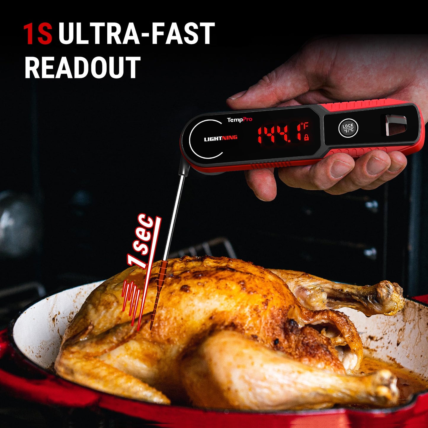 TempPro Lightning 1-Sec Instant Read Meat Thermometer, Kitchen Food Thermometer with 180° Rotating Display, IP67 Waterproof Cooking Thermometer for Deep Fry Smoker BBQ Grill (Previously ThermoPro)