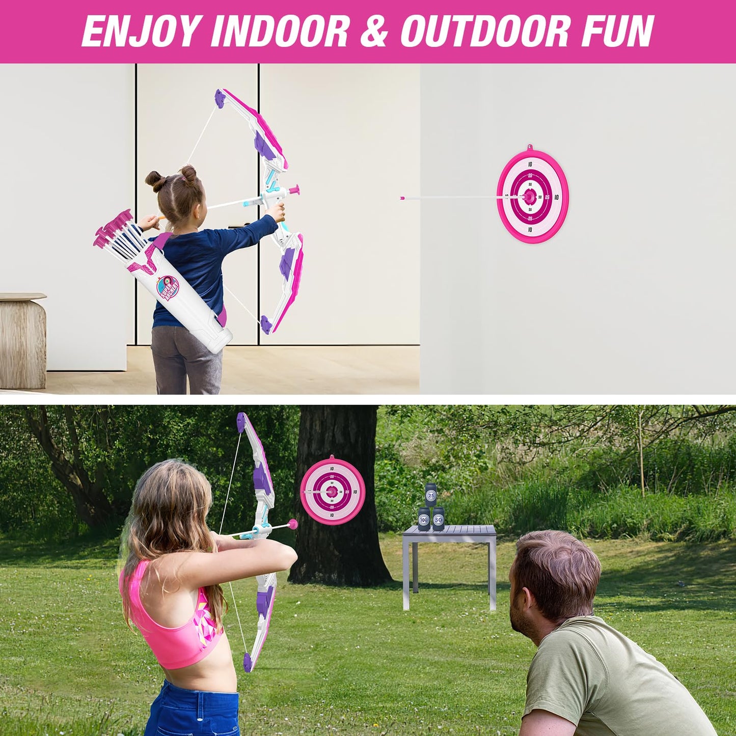 HYES Bow and Arrow for Kids, LED Light Up Archery Set with 12 Suction Cup Arrows, 3 Score Targets, 1 Hanging Target & Quiver, Indoor Outdoor Sport Toys Gifts for Girls Boys Ages 4-12, Purple