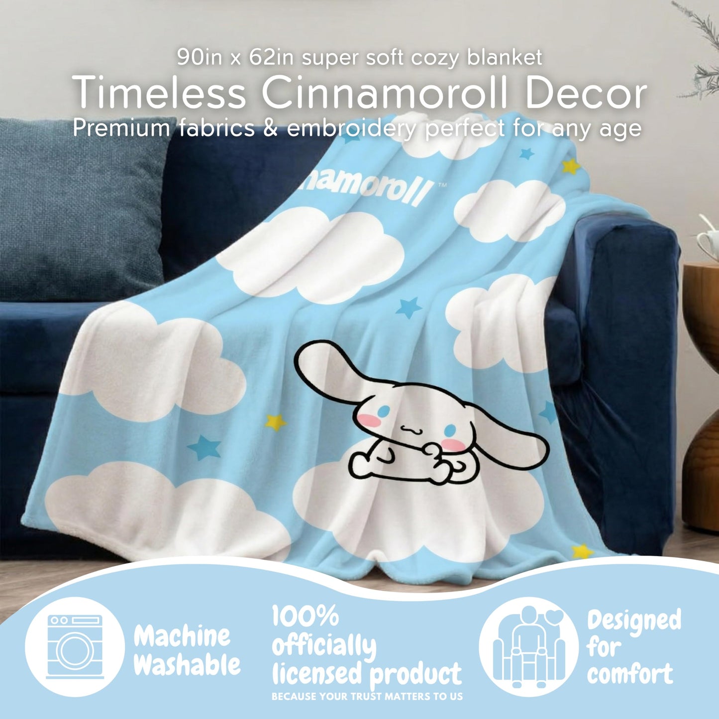 Cinnamoroll Bedding Super Soft Cozy Blanket, 62 in x 90 in, Kawaii Collectible Gift, (Officially Licensed Product) by Franco
