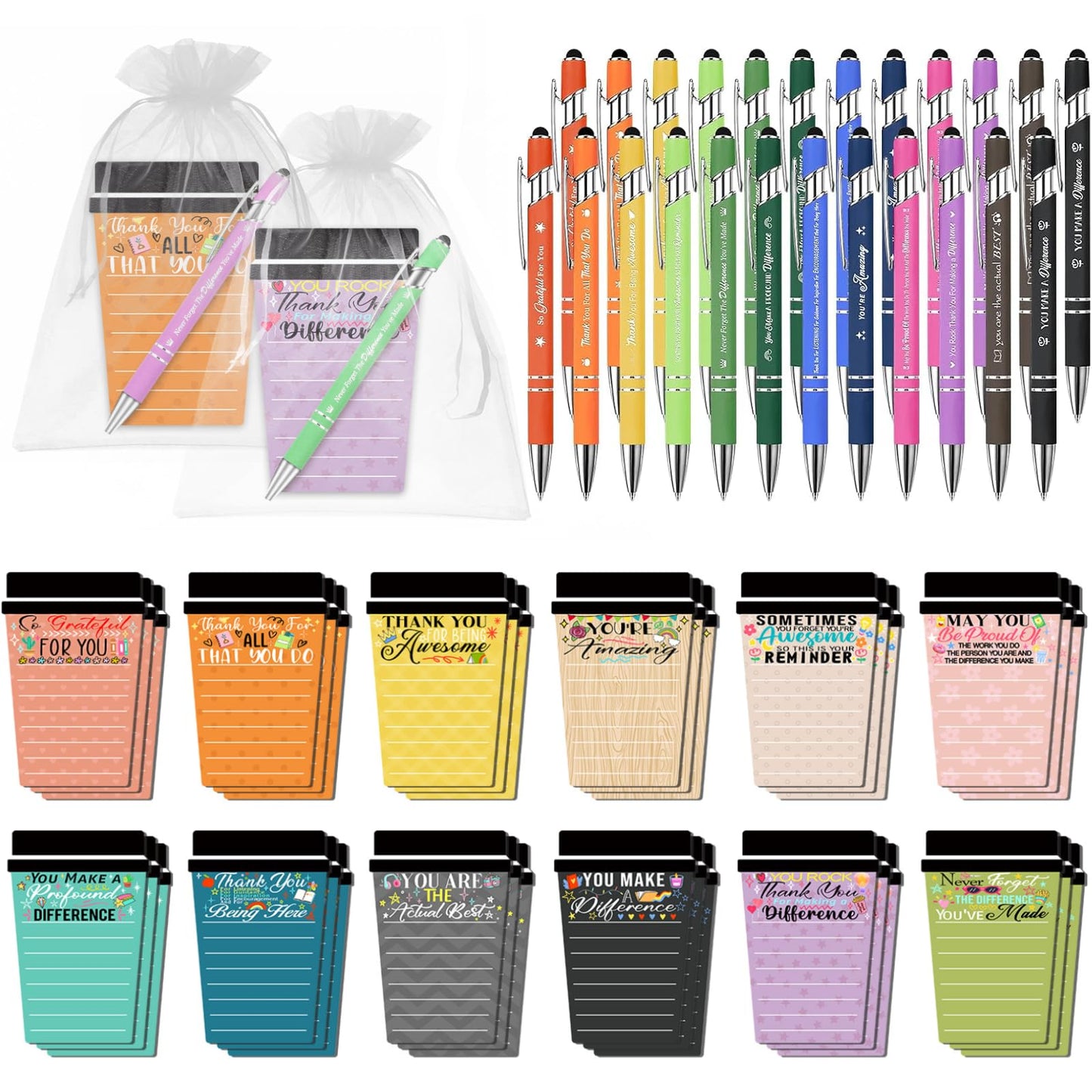 36 Sets Employee Appreciation Gifts Bulk Coffee Cup Sticky Notes with Inspirational Pens, Funny Notepads Motivational Ballpoint Pen Thank You Gifts for Coworker Teacher Nurse Office Supplies