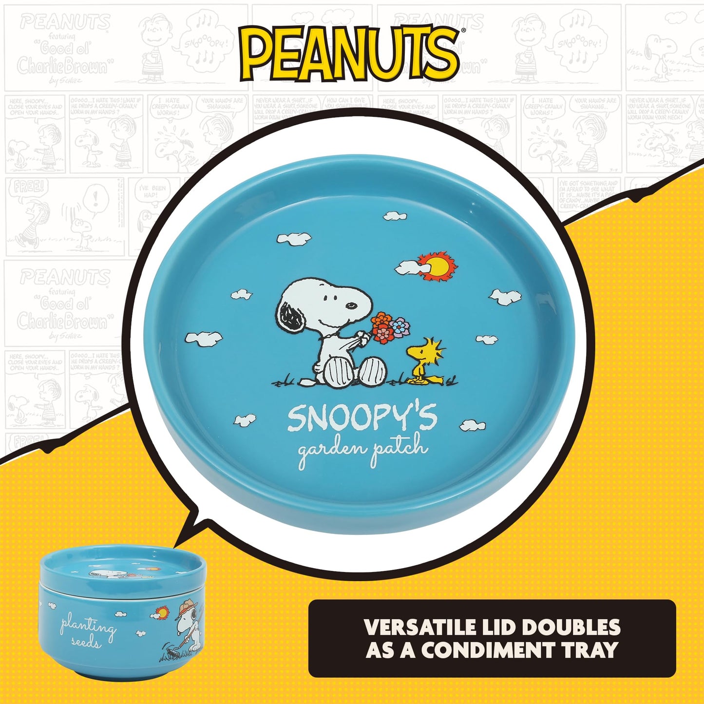 Peanuts Snoopy 6-Piece Stackable 5.5-Inch Decorated Stoneware Bowl Set With Matching Plate, Microwave & Dishwasher Safe, Collectible Kitchen Dinnerware