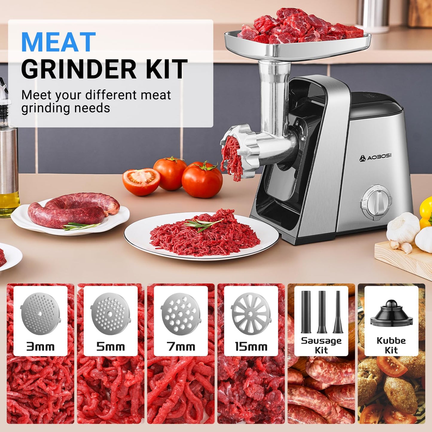 AAOBOSI #8 Meat Grinder, 6-In-1 Meat Grinder Electric [3000W Max] with 4 Slice, Shred Blades,2 Grinding Blades,4 Plates, 3 Sausage Stuffer,Kubbe Kit, Burger Press, 2 Meat Claws, for Home Kitchen Use