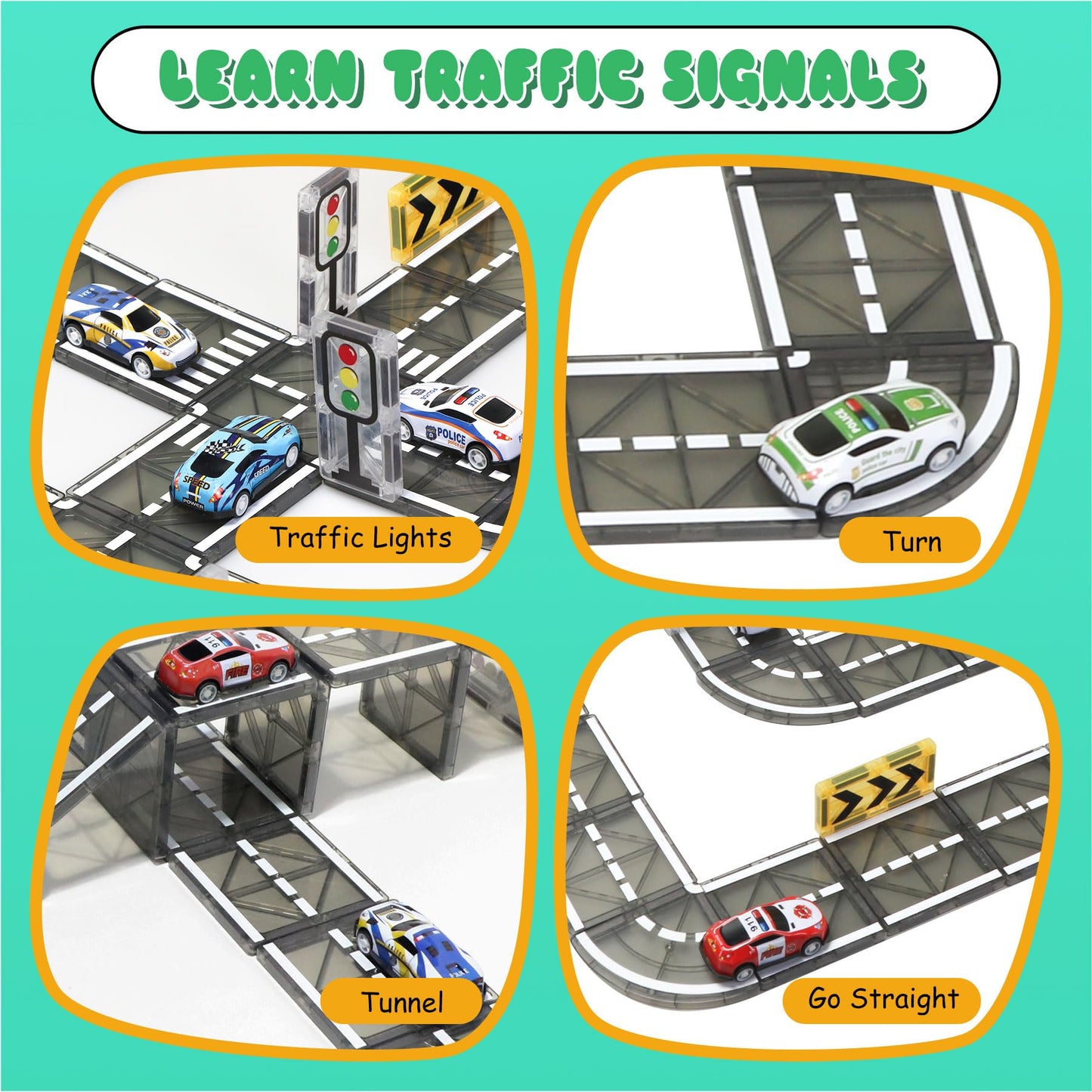 Magnetic Tiles Road Set with Pullback Car, Magnetic Tiles for Kids Ages 3-5 4-8, Magnetic Building Tiles for Toddler Kids Boys Girls, Creative STEM Building Toy & Learning Educational Magnet Toys
