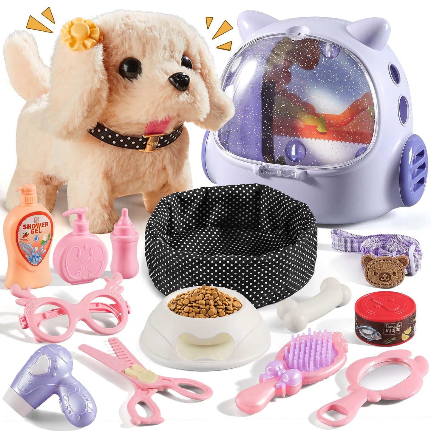 Toy Dog for Kids, Girls Interactive Plush Stuffed Toys Dog that Walk and Bark,16 pcs Electronic Puppy Pet Care Pretend Playset w/ Backpack, Groom & Feed Toys, Gifts for Girls 3-5 5-7 6-8 8-12