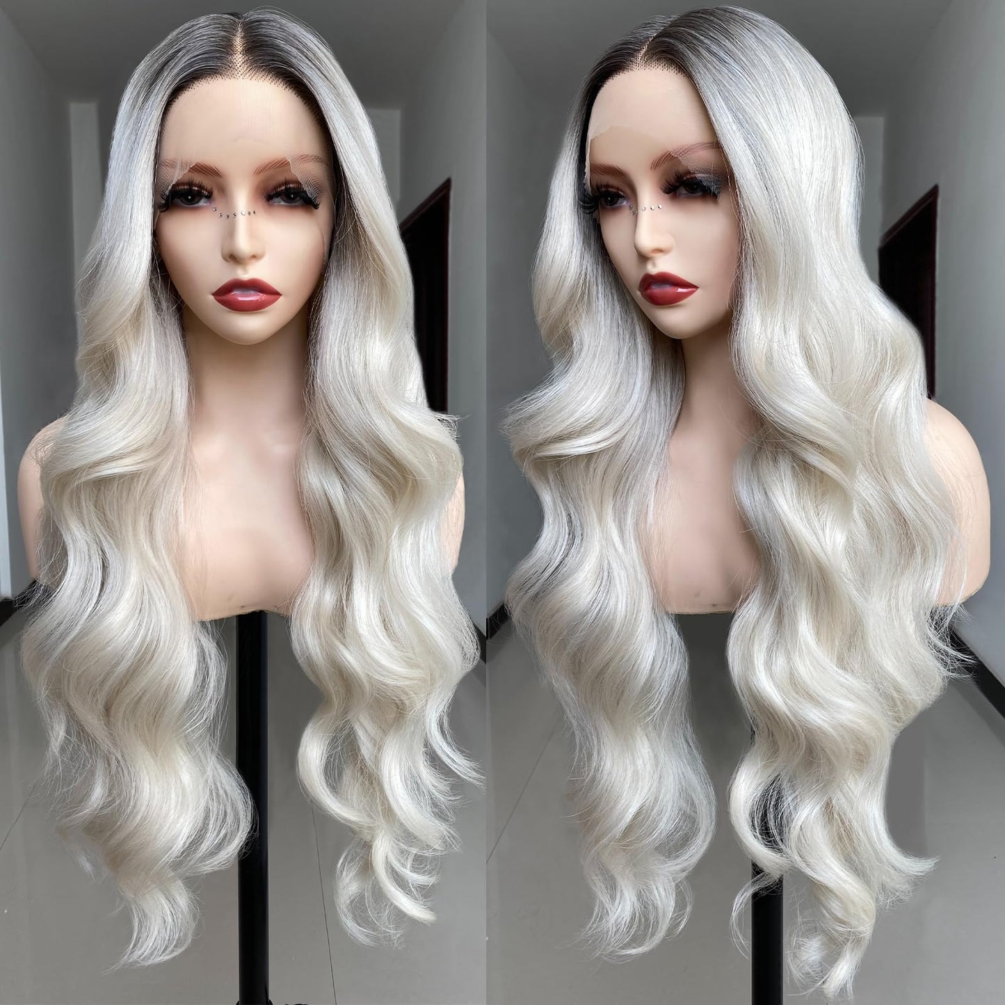SISgrace Ombre White Grey Lace Front Wig Synthetic Body Wave Wig Wear and Go 13x4x1 T-part Lace 28 Inch Dark Roots to White Grey Color Pre-Plucked HD Glueless Lace Front Wig for Women