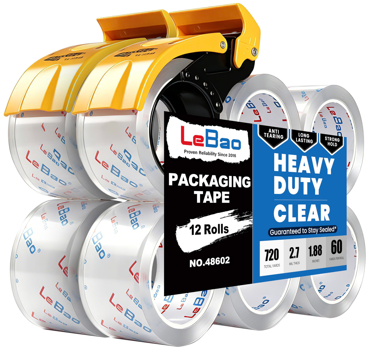 LeBao Heavy Duty Packing Tape with Dispenser, Strong HD Clear Packaging Tape, 1.88 in. x 60 yd. x 2.7MiL, Secure Sealing for Cardboard Moving Boxes Shipping Supplies (12-Pack Refill)