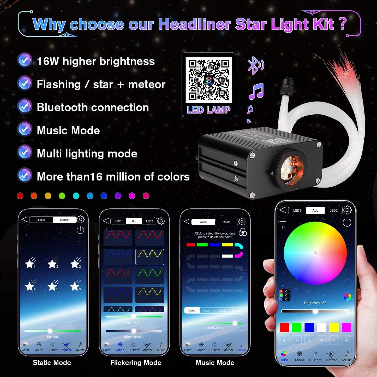 GEARPASS Starlight Headliner Kit, Twinkle Star Lights for Car Decor 500pcs*0.03in*9.8ft/3m, Fiber Optic Star Ceiling Lights APP/Remote Control for Car Roof Home Ceiling