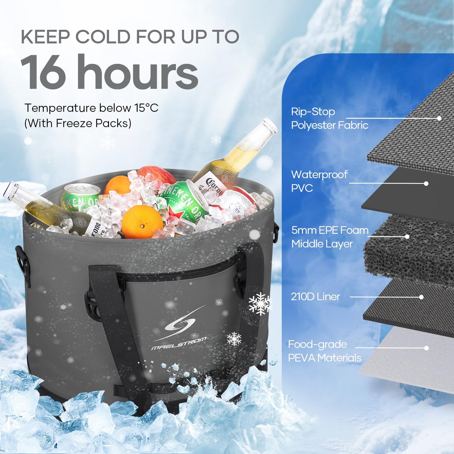 Maelstrom Insulated Cooler Bag,30 Can Collapsible Coolers for Men and Women,Large Leakproof &Waterproof Soft Cooler Makes a Perfect Insulated Grocery,Travel,Beach or Picnic Bags (Gray)