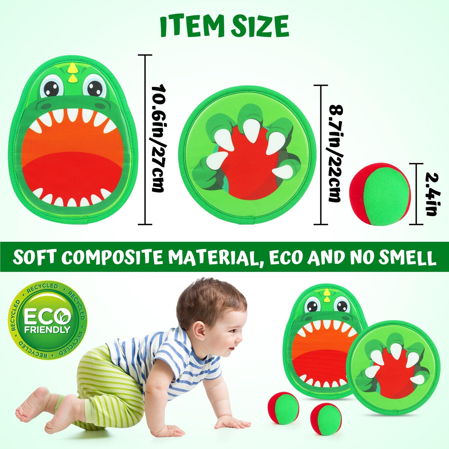 Billeeit Big Dinosaur Toss and Catch Ball Set, Catch Game Toys for Kids 3+ 4 5 6 7 8, Backyard Lawn Game Toys with 4 Rackets, 4 Balls, 1 Drawstring Bag for Christmas