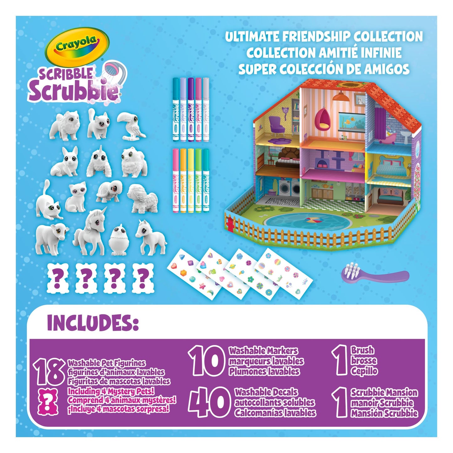 Crayola Scribble Scrubbie Pets Friendship Collection, 18 Pets and 10 Markers, with Display House, Arts and Crafts, Mystery Toys and Gifts for Kids, Ages 3+
