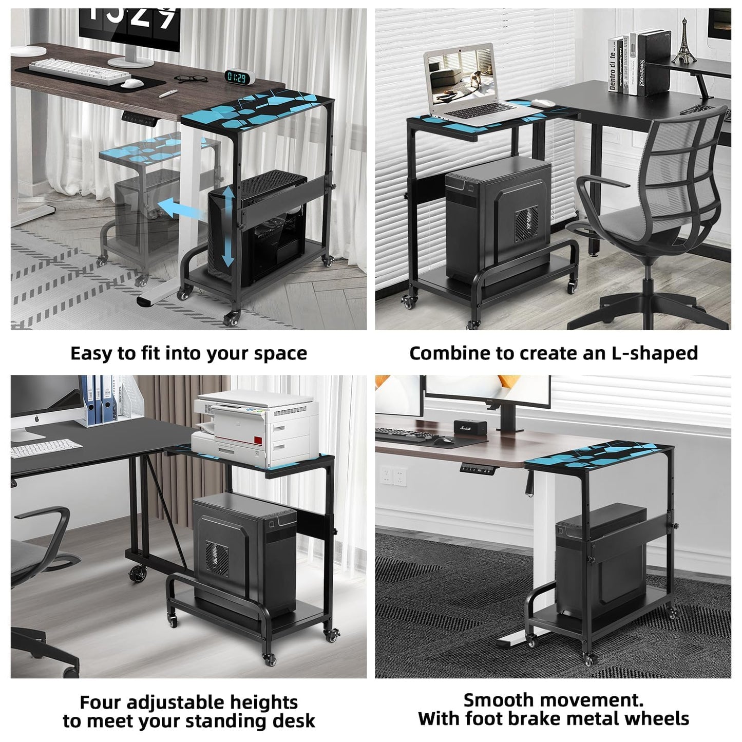 Adjustable Computer Tower Stand Large with Guardrail, 2 Tier Gaming PC Tower Stand for ATX, E-ATX, ITX, Rolling Floor Cart with Locking Metal Wheels, 32.7" X 21.6" X 15.8"