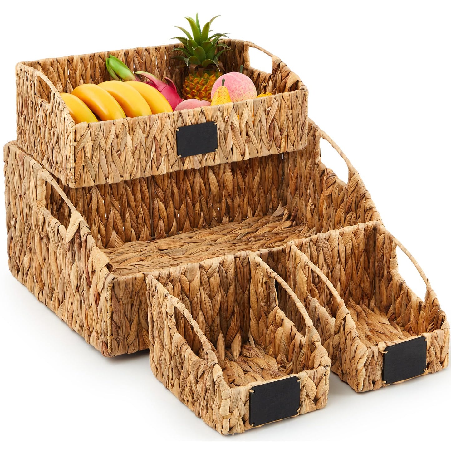 Wonderjune 4 Pcs Natural Water Hyacinth Storage Baskets Set Stackable Handwoven Wicker Storage Bins with Chalkboard Label Built-in Handles Woven Container Basket Kitchen Storage Baskets for Shelves