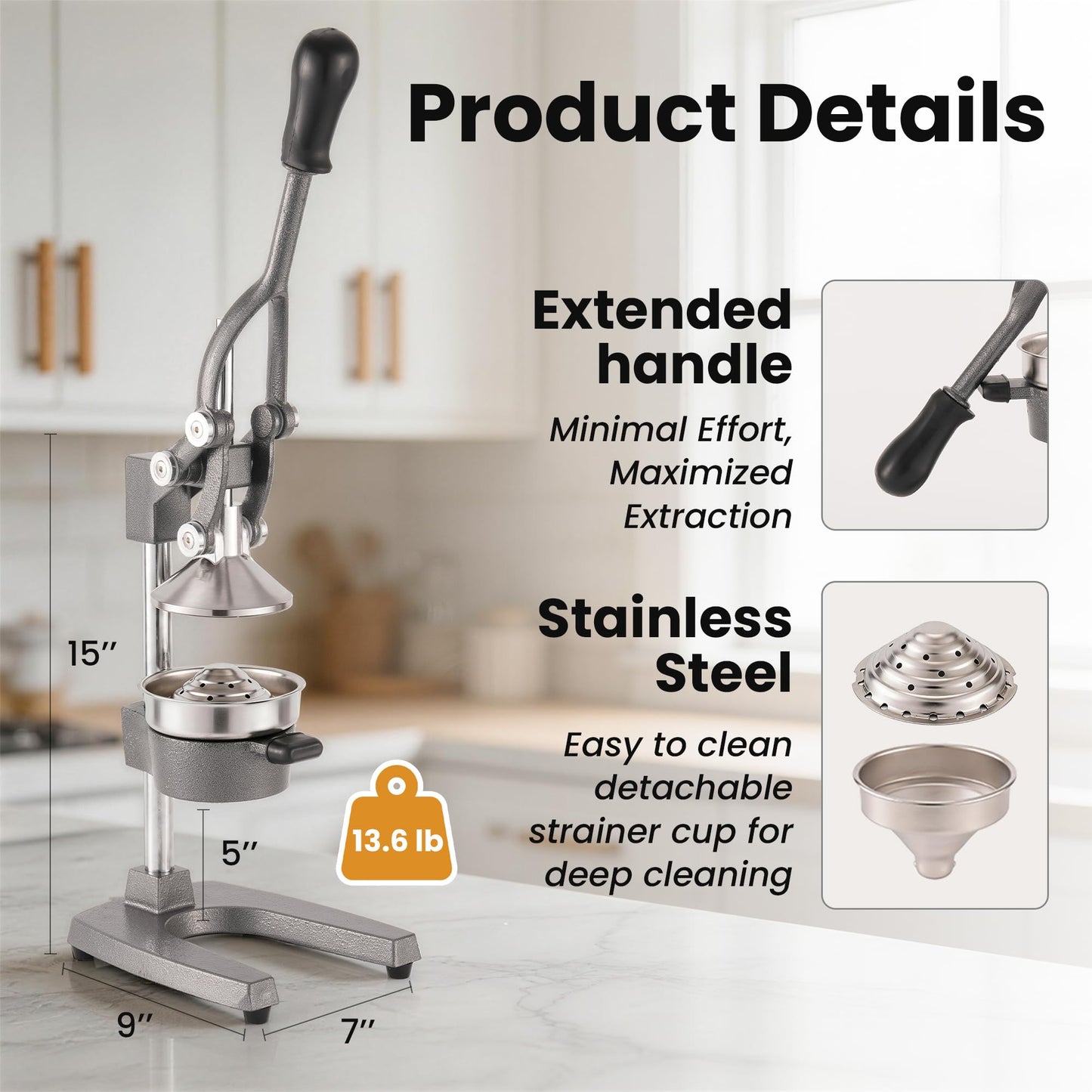 Zeluna Cast Iron Juicer Manual Hand Press Squeezer for Citrus & Pomegranate – Easy to Clean Metal Juice Press with Stainless Steel Bowl, Ideal for Home Cooks, Health Enthusiasts, and Bartenders