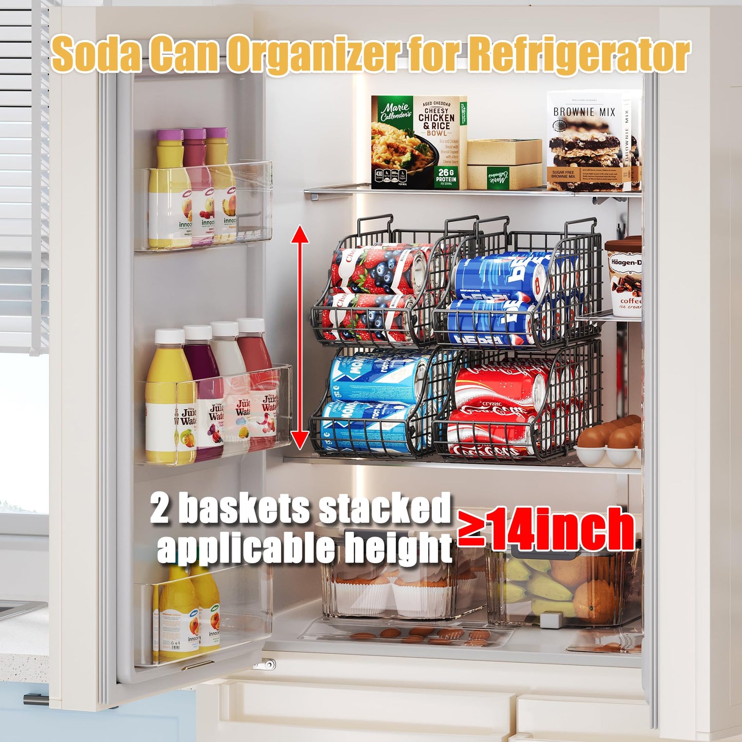 8-Pack Can Organizer for Pantry, Stackable Cabinet Food Shelves for Fridge, Wire Cupboard Storage, Holds up to 72 Beers,Small Metal Bin for Drink Beverage Egg Gillas, Rack for Kitchen Countertops RV