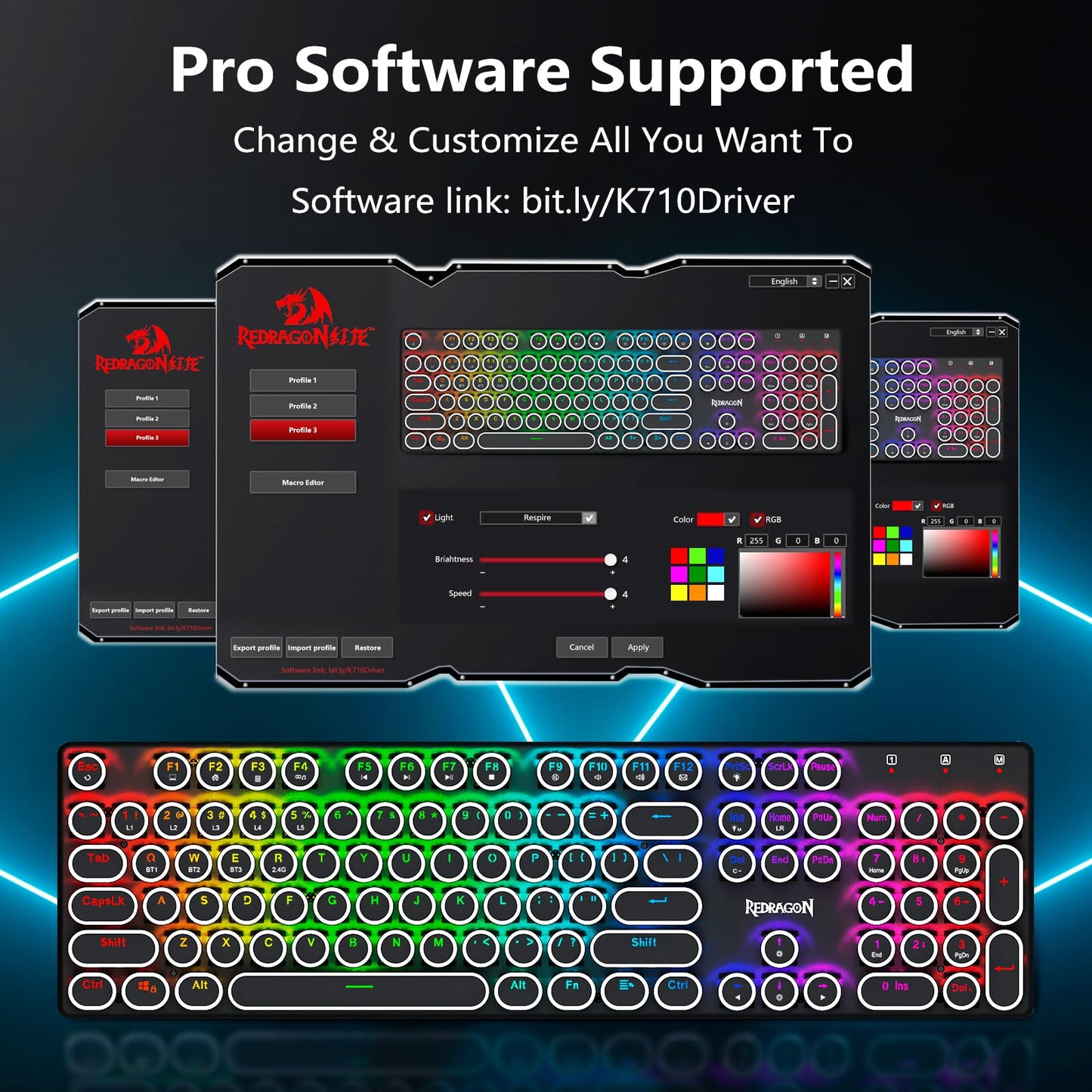 Redragon K710 Wireless Typewriter Style Mechanical Gaming Keyboard, Bluetooth/2.4Ghz/Wired, RGB Backlit, Rechargeable, Blue Switch - Clicky, Metal Panel, Round Keycaps, Black