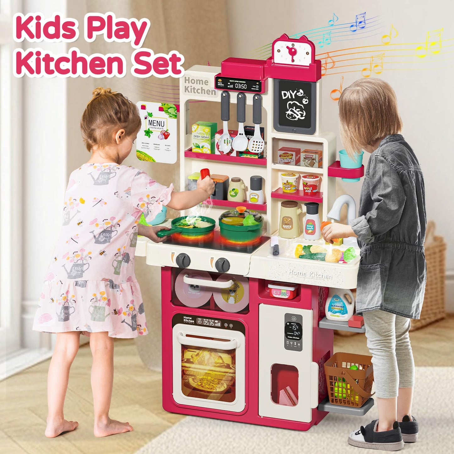 Letapapa Kids Pretend Play Kitchen Set, Kitchen Toys with Realistic Sound & Light, Cooking Stove, Sink, Play Food and Kitchen Accessories, Pretend Kitchen Playset Gifts for Toddlers Girls Boys(Red)