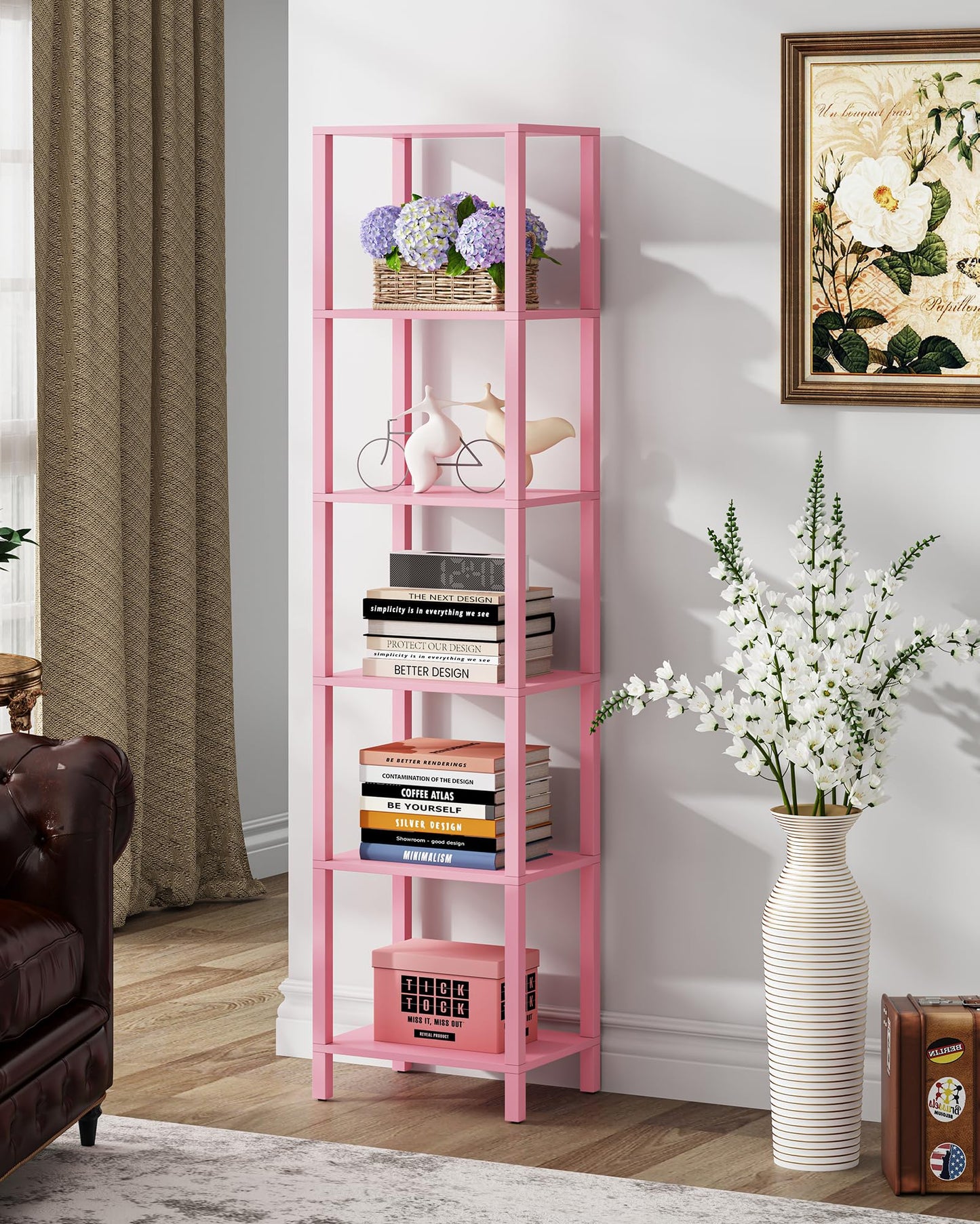 TUTOTAK Bookshelf, 6-Tier Tall Book Shelf, Narrow Bookcase for Small Space, DIY Stackable Bookshelf, for Living Room, Office, Study, Entryway, Industrial, Pink BS01BP006