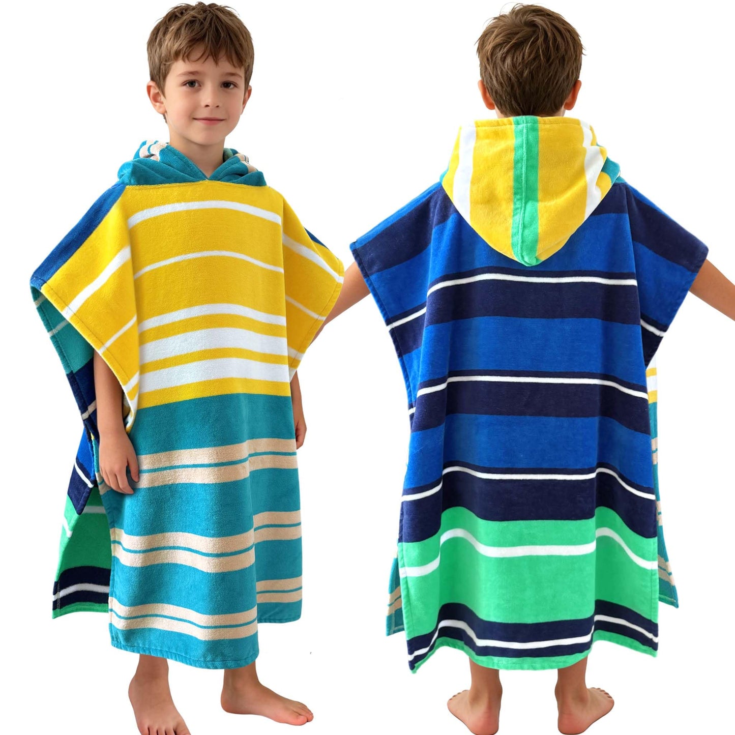 VOOVA & MOVAS Hooded Poncho Towels for Big Kids, Oversized (6-10Years,25"X61") Made from 100% Soft Cotton,Absorbent Bathrobe for Boys,Perfect for Pool| Swimming | Bathing | Beach, Blue Stripe