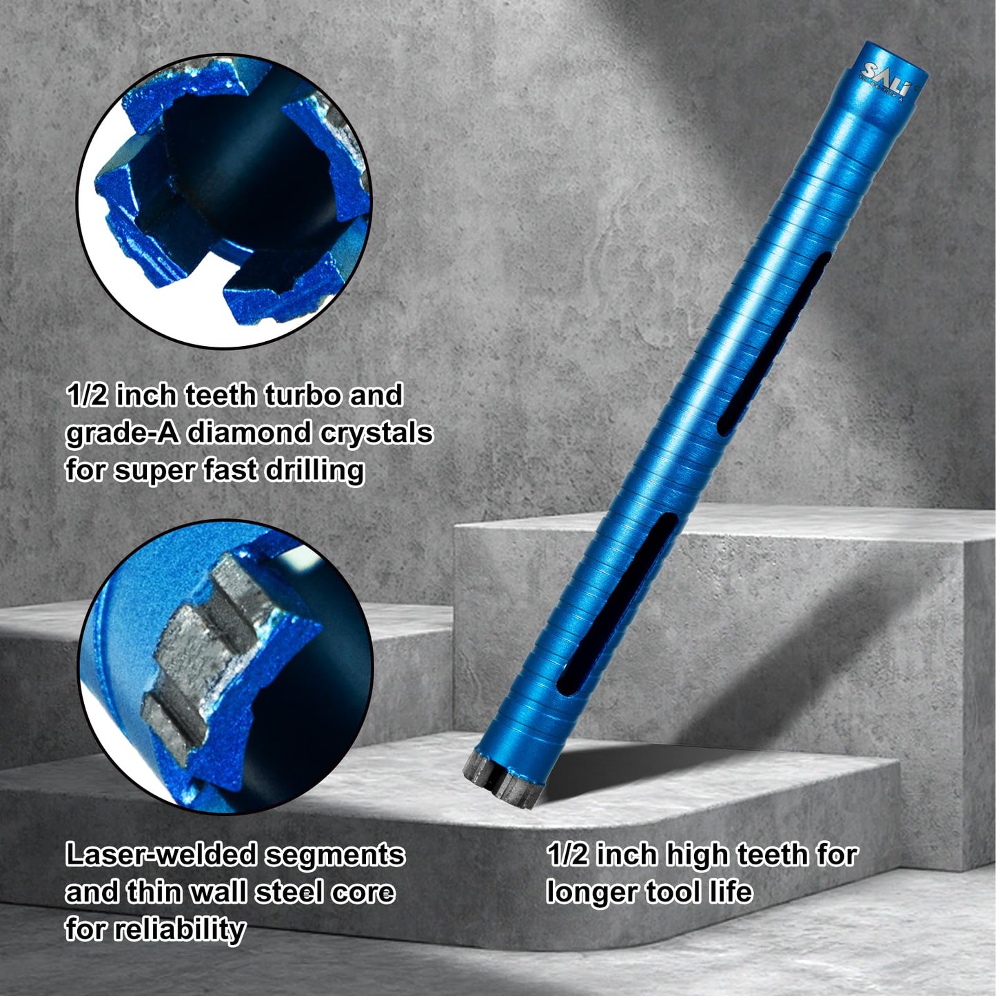 SALI Diamond Core Drill Bits 3 1/2" Diameter 10"/254mm Drilling Depth 5/8-11" Thread Core Bit Turbo Laser-Welded Segments for Cured Concrete with Brick, Block, Masonry, with Two Adapters
